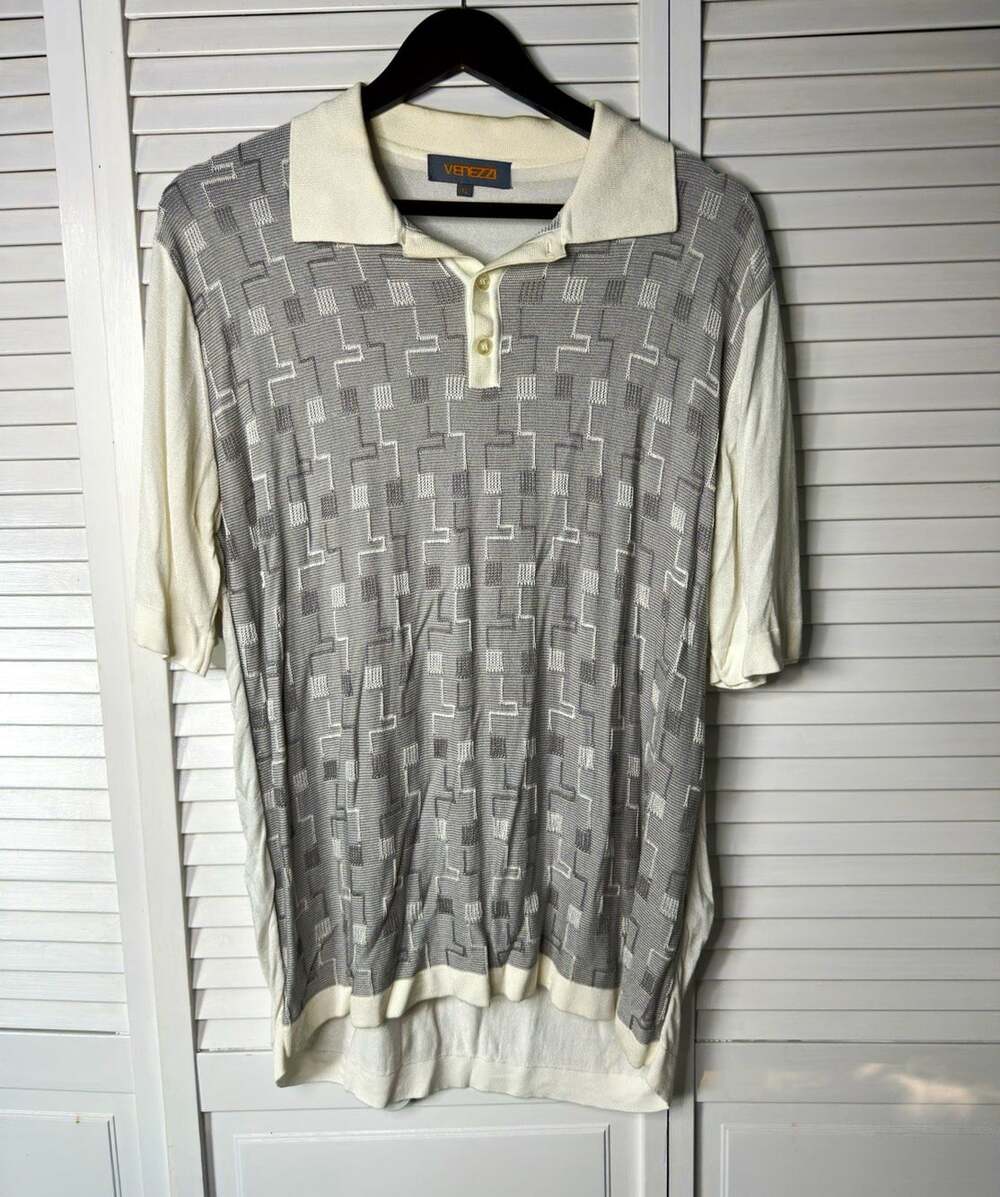 Venezzi Men's XL Gray/Ivory Geometric Knit Silk Blend Short Sleeve Polo
